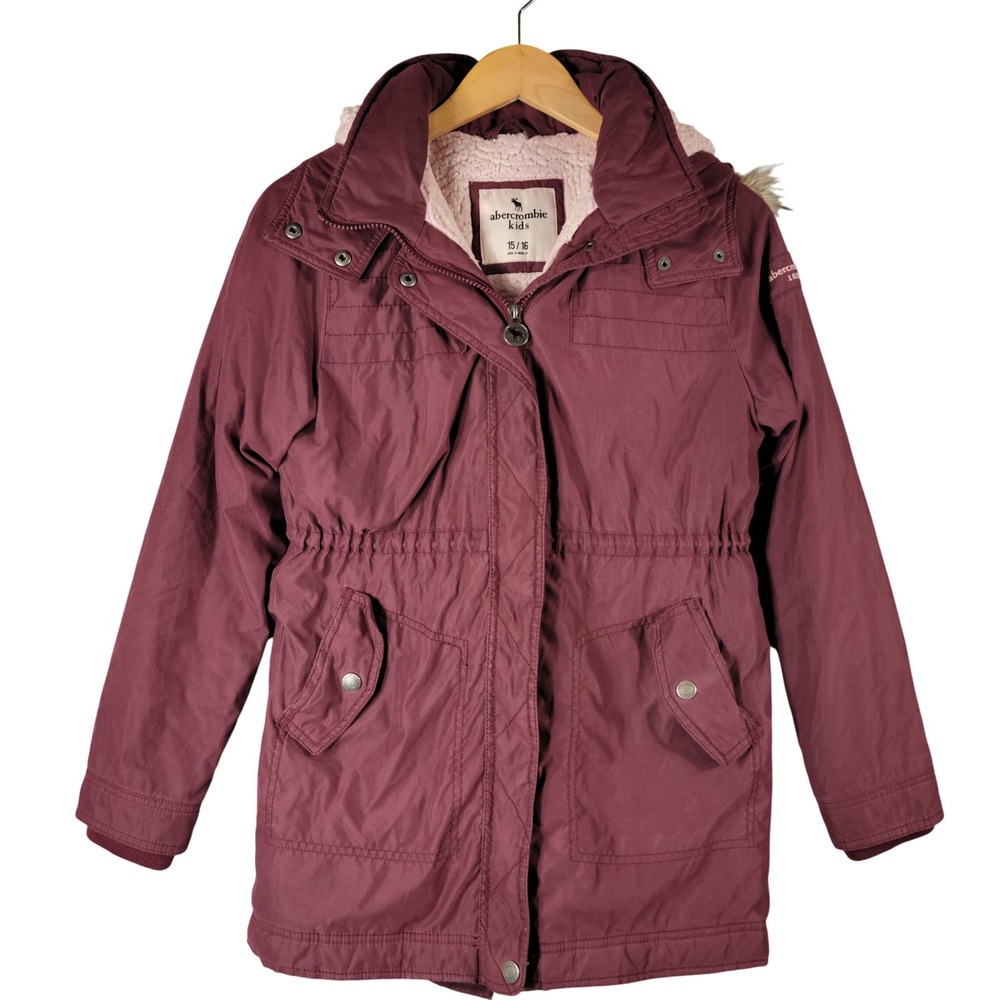 Abercrombie Kids Parka Jacket Kids 15/16 Maroon Faux Fur Hooded Sherpa Lined